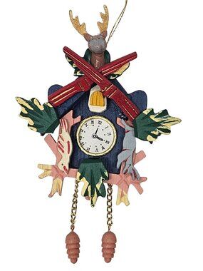 Vintage Black Forest Wood Cuckoo Clock Ornament Hunting Lodge Deer Rifle Cabin D